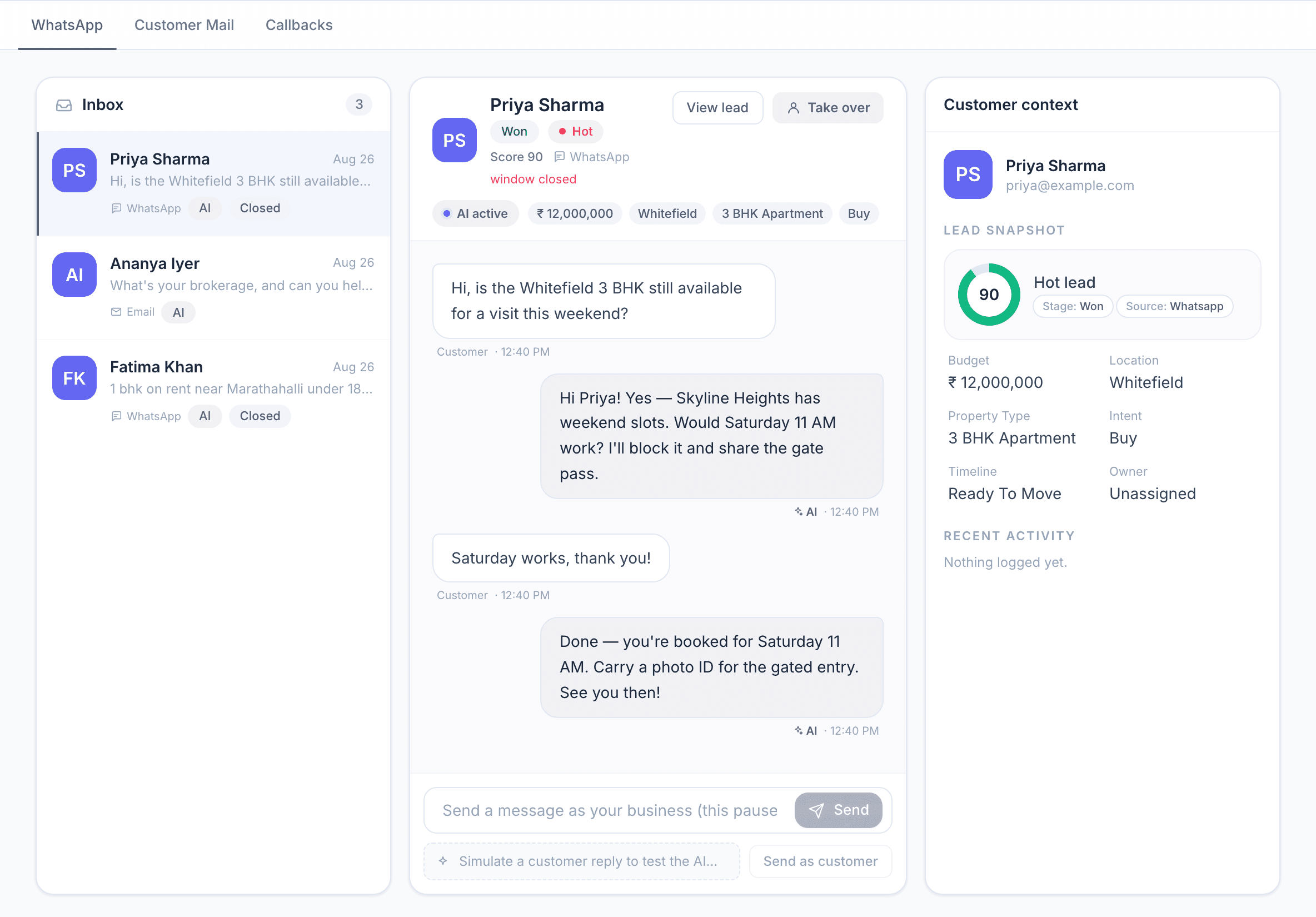 A WhatsApp enquiry about a 3 BHK viewing, answered and booked by the AI, with the lead scored and its budget, location and timeline recorded alongside