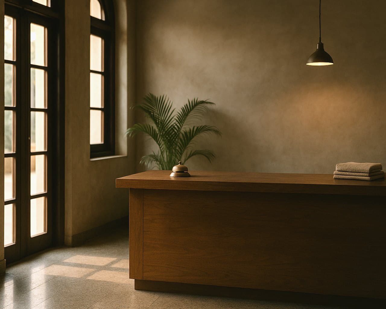 The reception of a small boutique hotel in the late afternoon