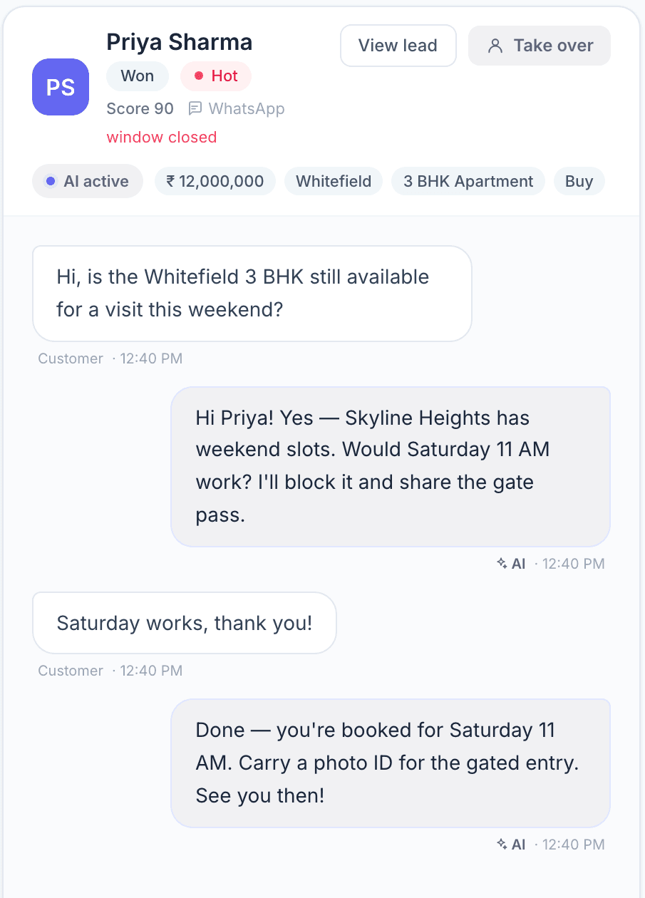 A WhatsApp enquiry about a 3 BHK viewing, answered and booked by the AI