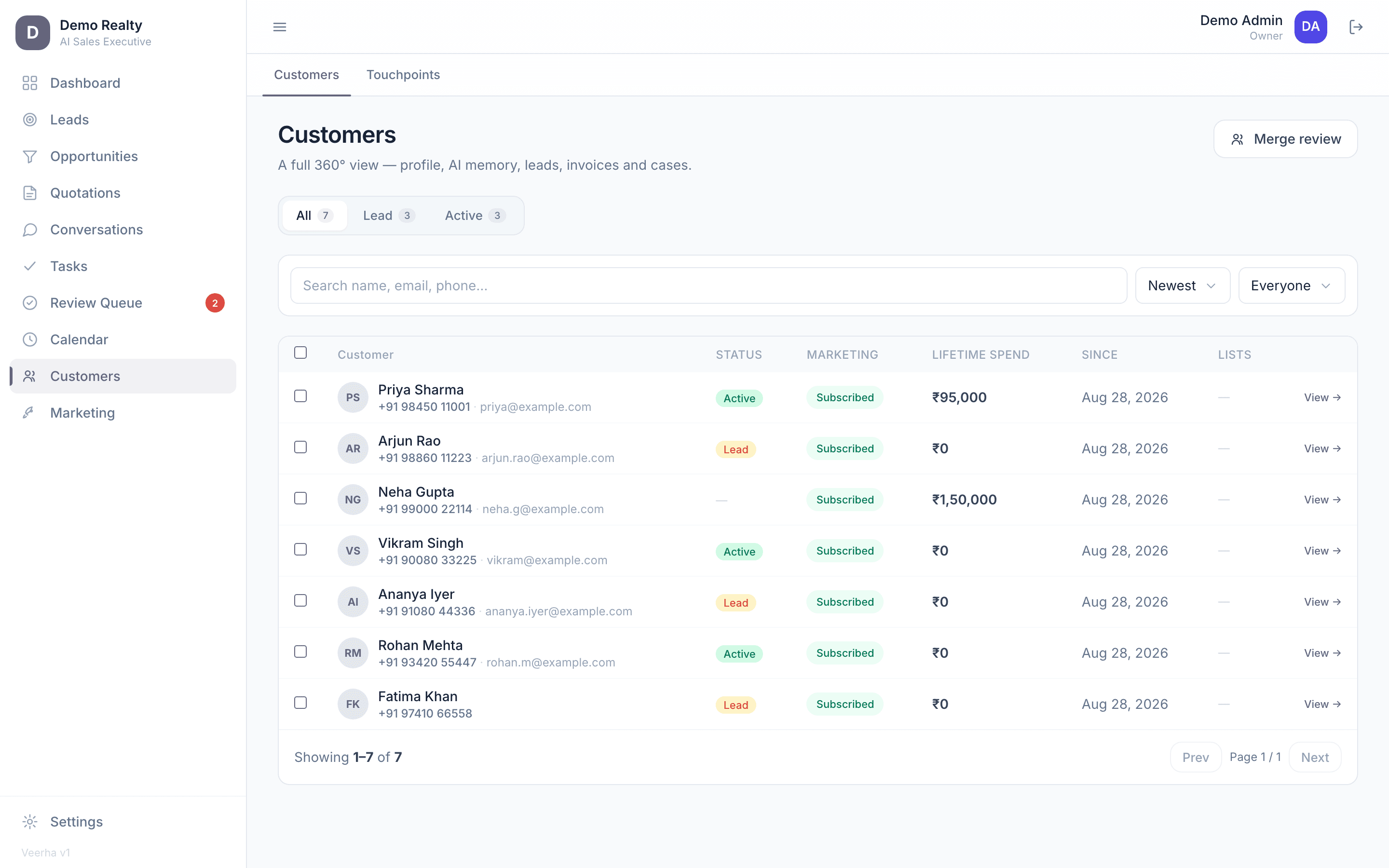 The customer list, each record showing status, marketing consent and lifetime spend